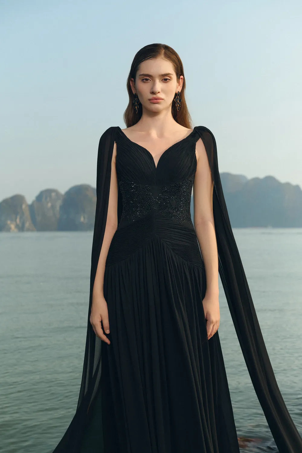 Stylized Neckline Wavy Flowing Cape Sleeves Dress